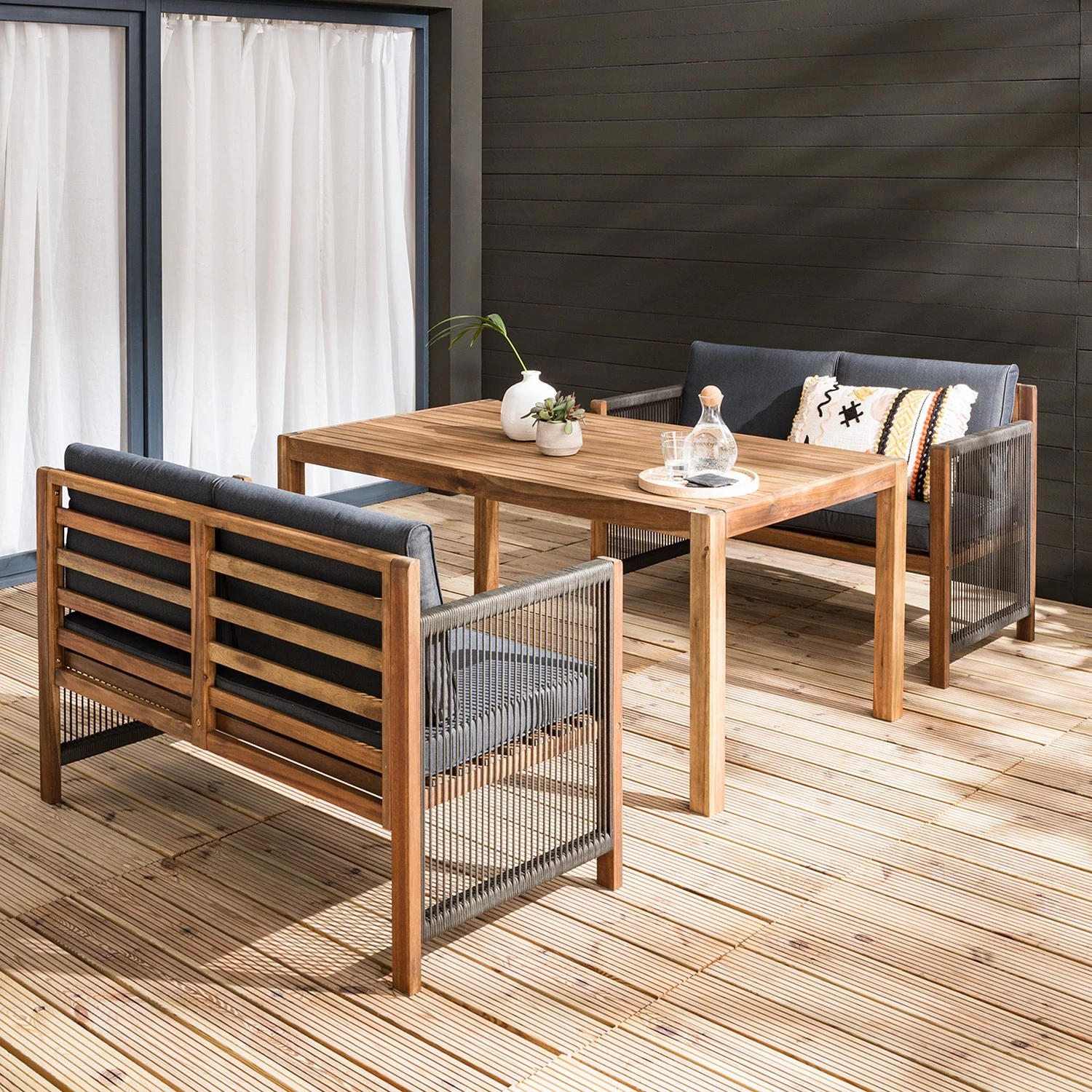 Jardi Salon de détente Bayton (3 éléments) - Acacia massif / Polyester - Gris / Marron 2 Jardi Salon de détente Bayton (3 éléments) - Acacia massif / Polyester - Gris / Marron – Image 2