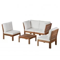 Jardi Salon de détente Lexi III (5 éléments) - Tissu / Acacia massif - Blanc cassé / Marron